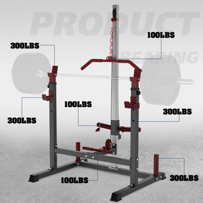 Power Rack with LAT Pulldown Pulley System Adjustable Multi-Functional Squat Rack, Power Cage with J-Hooks Home Gym