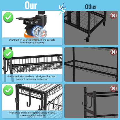 WUC Sports Equipment Organizer - Garage Ball Storage Rack with Basket, Hooks and Rolling Cart for Toy Sports Gear Storage, Black