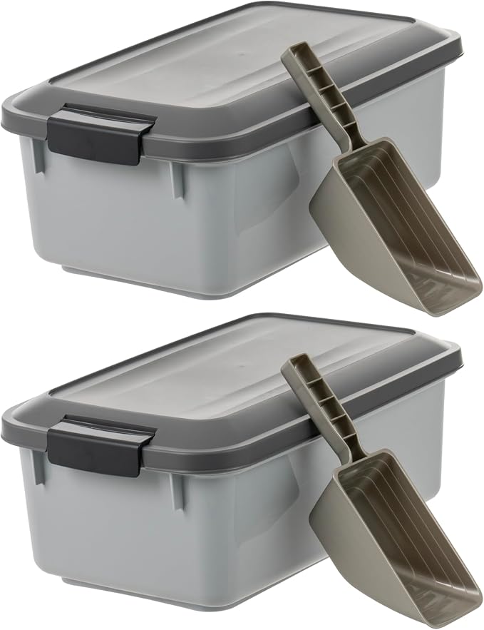 IRIS USA WeatherPro Airtight Pet Food Storage Container, Up to 14 lbs, Dog Cat Bird and Other Pet Food Storage Bin Keep Pests Out Translucent Body BPA Free Stackable, 2 Pack, Gray