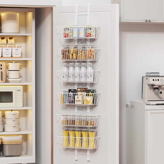 6 Tier Over the Door Pantry Organizer, Foldable Metal Over the Door Hanging Spice Rack with 6 Baskets, Adjustable Hanging Storage Rack for Kitchen, Bedroom, Laundry Room, Bathroom Essentials, White