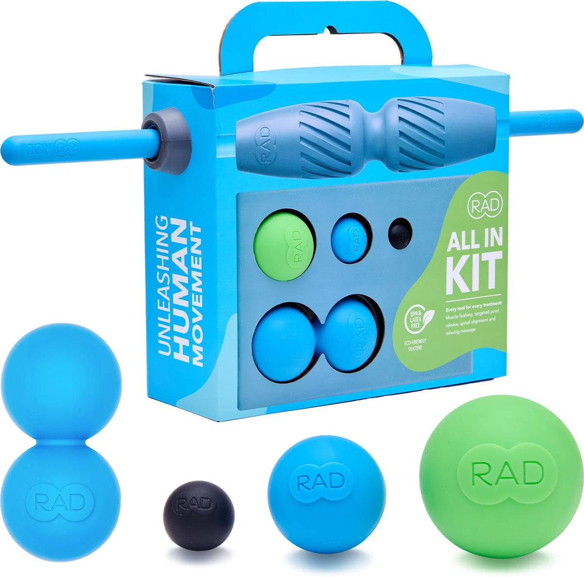 RAD All-in Kit – 7-in-1 Foam Roller Set for Myofascial Release – Includes Massage Roller Stick, Yoga Block, Massage Balls - Muscle Recovery Tools for Mobility & Flexibility