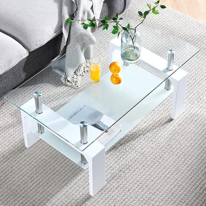 Living Room Rectangle Coffee Table, Tea Table Suitable for Waiting Room, Modern Side Coffee Table with Wooden Leg, Glass Tabletop with Lower Shelf, White 39.5 * 23.5 * 17.5