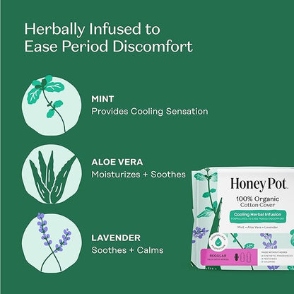 The Honey Pot Company - Herbal Sanitary Pads for Women - Regular Flow w/Wings - Infused w/Essential Oils for Cooling Effect & Organic Cotton Cover - Feminine Care - 20 ct