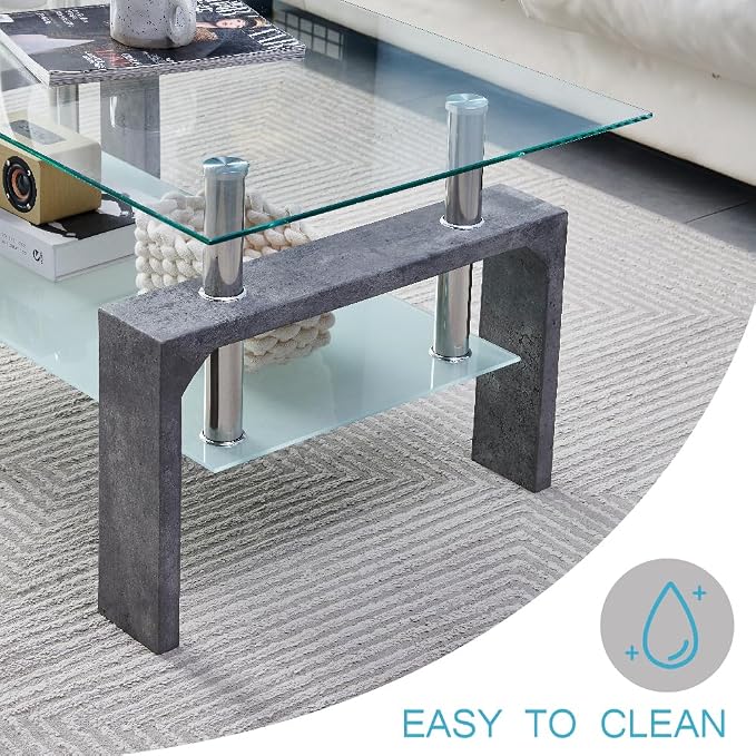 Living Room Rectangle Coffee Table, Tea Table Suitable for Waiting Room, Modern Side Coffee Table with Wooden Leg, Glass Tabletop with Lower Shelf,Grey Marble