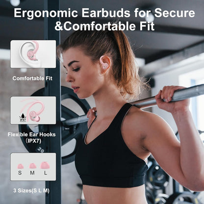 Wireless Earbuds Bluetooth 5.3 Headphones Sports, 48Hrs Playtime Bluetooth Earbuds with CVC 8.0 Mic, 2025 Stereo Bass Over Ear Bud with Earhooks, LED Display, IP7 Waterproof Earphon for Running Rose