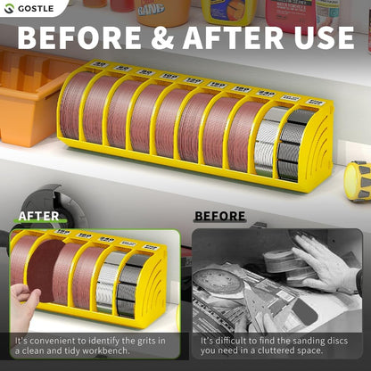 5 Inch Professional Sanding Discs Storage Bins - 8 Bins Set for Efficient Organization, Offset Snap-On Connection, Grit Classification, Space-Saving Design and Versatile Application, Yellow