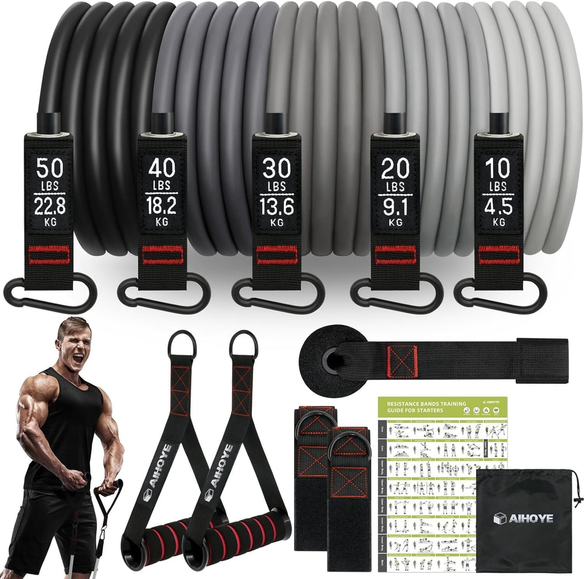 Aihoye Resistance Bands for Working Out, Exercise Bands with Handles, Stretch Bands for Exercise, Workout Bands with Door Anchors for Physical Therapy & Strength Training