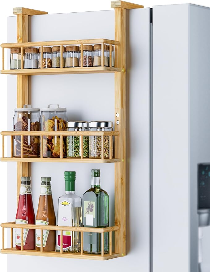 Hanging Spice Rack for Refrigerator - 3 Tier Bamboo Kitchen Counter Shelf Organizer for Can Seasoning Storage, Adhesive to Fridge & Pantry Side