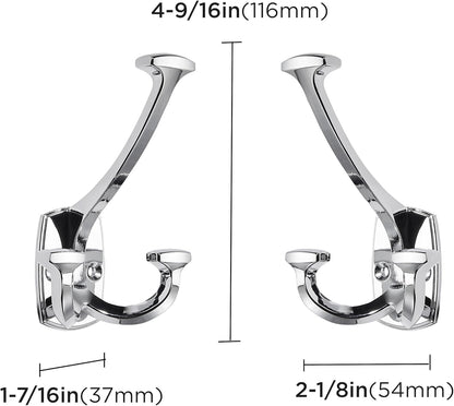 Large Wall Double-Sided Hook 2 Pack Polished Chrome Hook Decorative Heavy Duty Solid Large Coat Hooks for Towel Hanging Coats Robe Towel Bags Door Back 2 Prong Hooks
