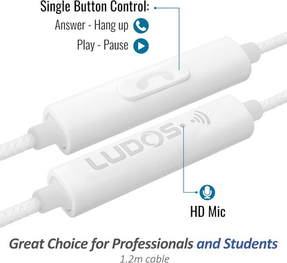 LUDOS Clamor Wired Earbuds in-Ear Headphones, 5 Years Warranty, Earphones with Microphone, Noise Isolating Ear Buds, Memory Foam for iPhone, Samsung, School Students, Kids, Women, Small Ears - White