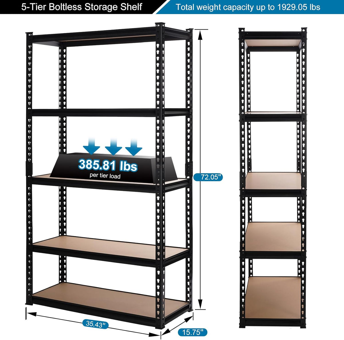 Garage Storage Shelves 35.43" W x 15.75" D x 72" H, 5 Tier Storage Rack Adjustable Black Metal Shelving for Warehouse, Pantry, Closet