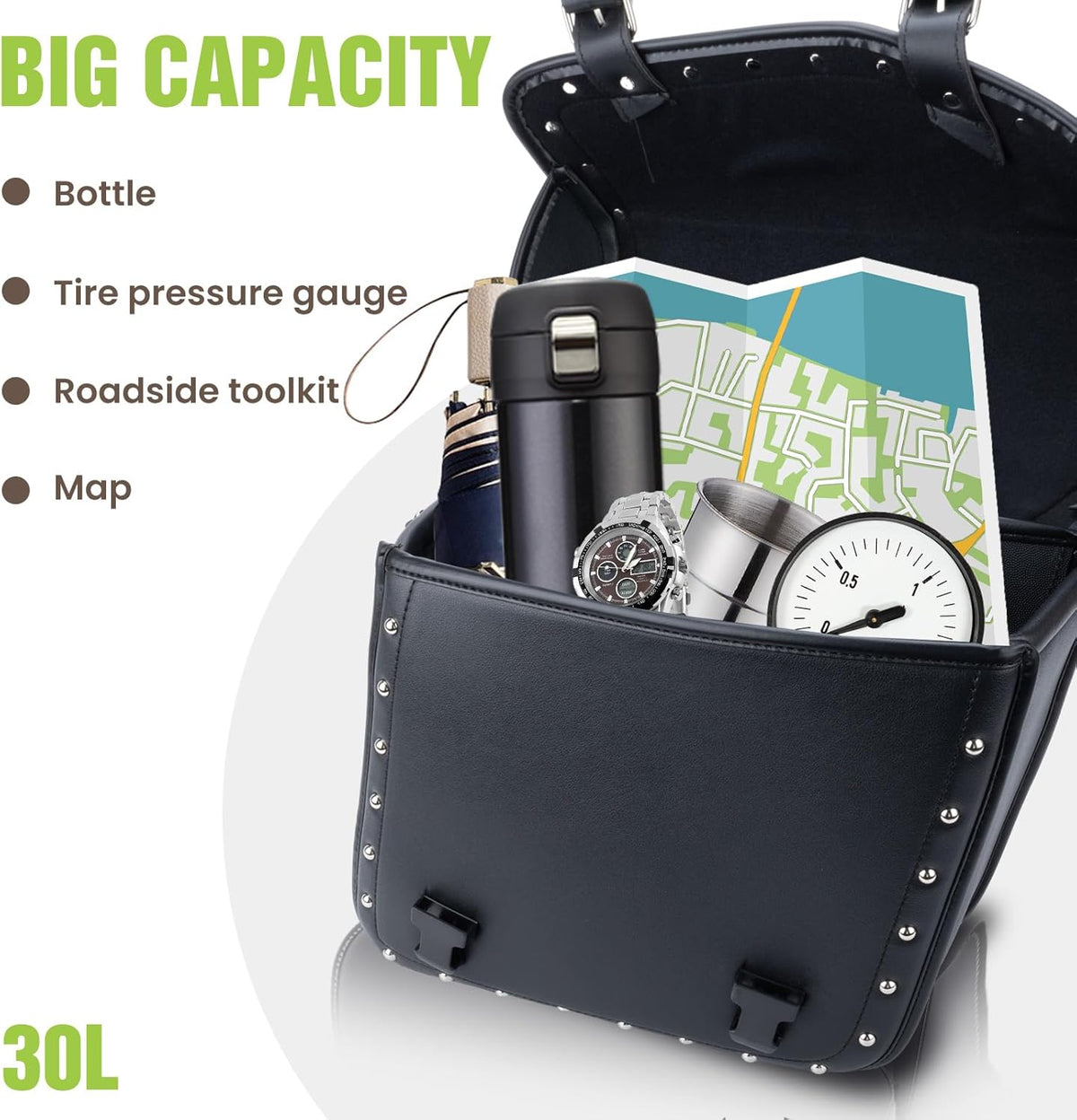 30L Motorcycle Saddlebags Water-Resistant PU Leather Storage for Harley Sportster Softail Dyna Honda Shadow, Quick-Install Design with Reinforced Straps, Universal Fit Large Capacity Luggage Bags
