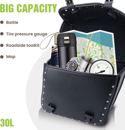 30L Motorcycle Saddlebags Water-Resistant PU Leather Storage for Harley Sportster Softail Dyna Honda Shadow, Quick-Install Design with Reinforced Straps, Universal Fit Large Capacity Luggage Bags