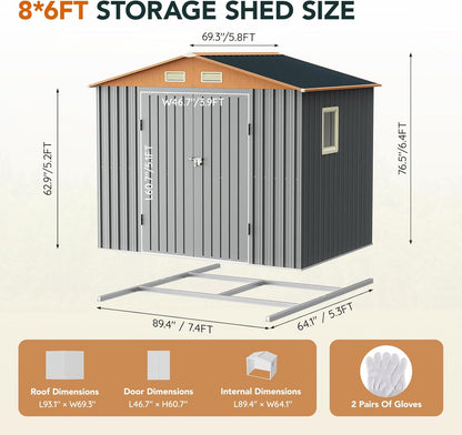 6x8FT Metal Shed & Outdoor Storage Shed with Floor Frame,Steel Tool Multi-Used Shed with Vents,Lockable Doors,Window,Compact Tool Shed for Backyard, Patio, Lawn and Garden Various Storage(Matte Gray)