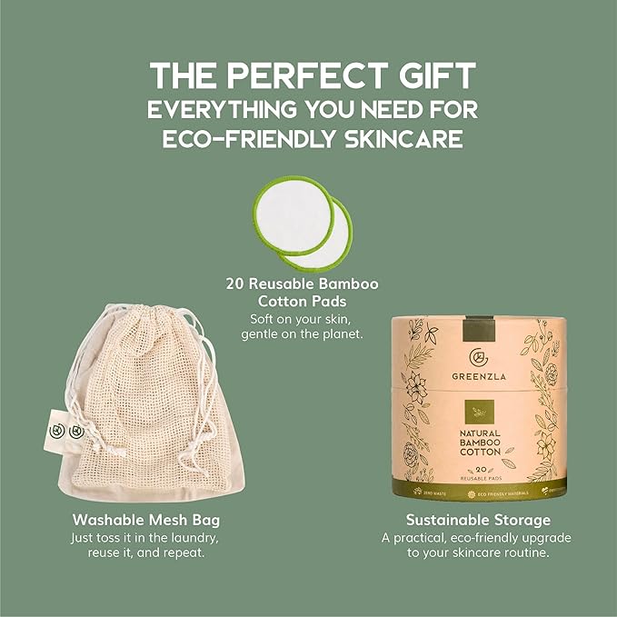 Greenzla Reusable Makeup Remover Pads (20 Pack) Washable Laundry Bag & Round Box for Storage, Reusable Bamboo Cotton Rounds for All Skin Types