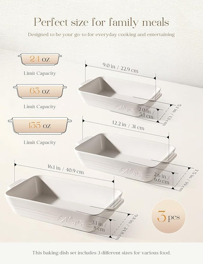 Ceramic Baking Dish Set, 3-Piece Casserole Dishes for Oven, Rectangular Baking Pans, Deep Lasagna Pans with Handles, Multi-Size Set for Cooking, Baking, Serving, and Gifting, White (16.1''/12.2''/9'')