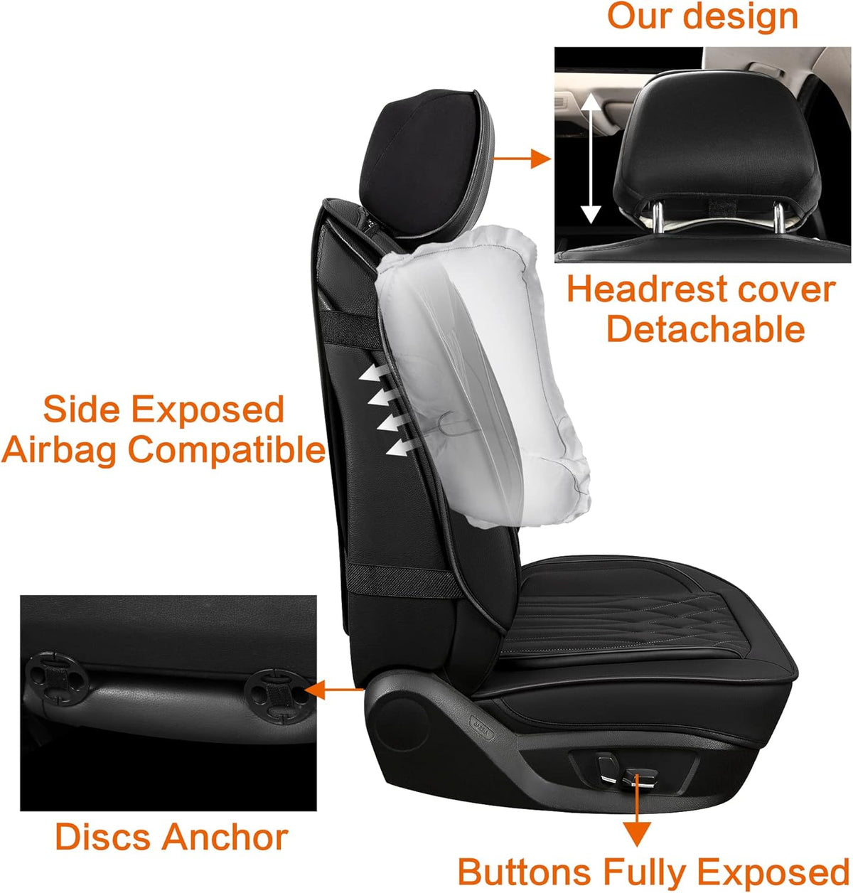 Pariitadin Leather Car Seat Covers Full Set, Waterproof Faux Leather Seat Covers for Cars, Non-Slip Car Interior Covers Universal Fit for Most Cars Sedans Trucks SUVs, Black Line