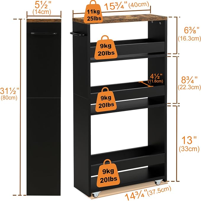 TEAMIX 4 Tier Slim Storage Cart with Handle, Small Kitchen Cart for Narrow Places,Rolling Laundry Cart on Wheels for Small Spaces