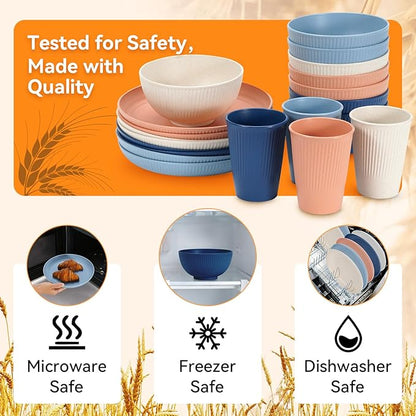 Wheat Straw Dinnerware Sets,64-Piece Beige Plates and Bowls Sets for 8-Unbreakable,Reusable Plastic Dish Set-Dinner Plate/Dessert Plate/Cereal Bowl/Cup/Utensils-Microwavable Dishwasher Safe 64P-Beige