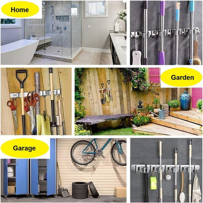 Mop Broom Holder Wall Mount Heavy Duty Adhesive Tools Organizer Rack Stainless Steel with 4 Positions 5 Hooks for Utility Room, Garage, Laundry, Garden, Kitchen, Bathroom, Toilet and Office