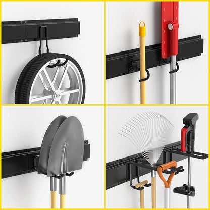 Wall Mount Tool Storage Rack, 15 PCS Heavy Duty Steel Yard Garden Tool Organizer, Garage Tool Organizer Wall Mounted Storage System Hold Up to 550lbs, with 2 Extension Cord