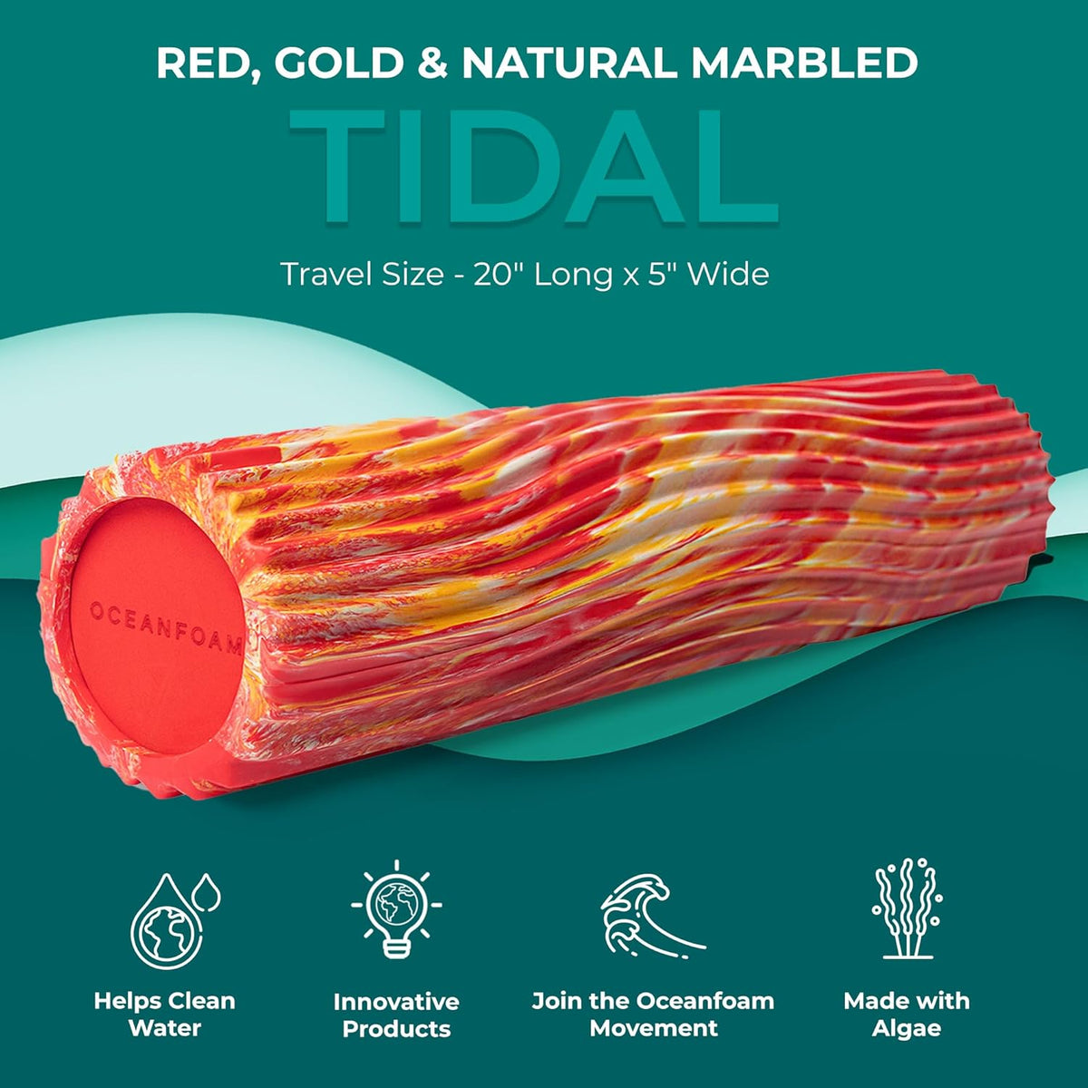 Oceanfoam Tidal Roller - Red, Gold & Natural Marbled - Muscle Massage Foam Roller for Back Pain & Stretching - Firm and Ergonomic Wide Wave Textured - Yoga, Athletics, & Wellness - Full Size, 20" x 5"