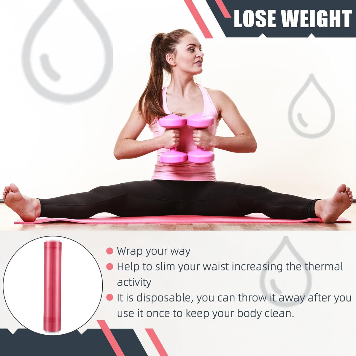 60 Meters Rose Red Osmotic Plastic Body Wrap, Workout and Sweat Enhancer Stomach Wrap Body Wrap Film Applicator Power Wrap(1 Rolls)
