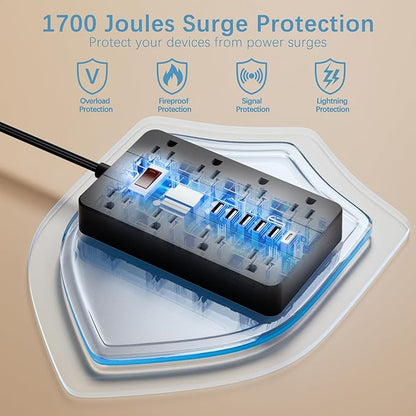 Power Strip Surge Protector, HUNIAN Flat Plug 10 Ft Long Extension Cord with 8 Widely Spaced Outlets 6 USB (1 USB C Port), Wall Mount Charging Station for Home and Office