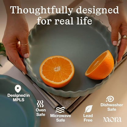 MORA Ceramic Tart Pan, 9.5 Inch Large Porcelain Baking Dish for Tarts, Quiche, Pie, Flan etc. Fluted Ruffled Edge, Oven, Microwave, Freezer, and Dishwasher safe - Great Gift For Bakers - Liquorice