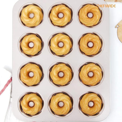 CHEFMADE Tube Cake Pan, 12-Cavity Non-Stick Cyclone Doughnut Bakeware for Oven Baking (Champagne Gold)