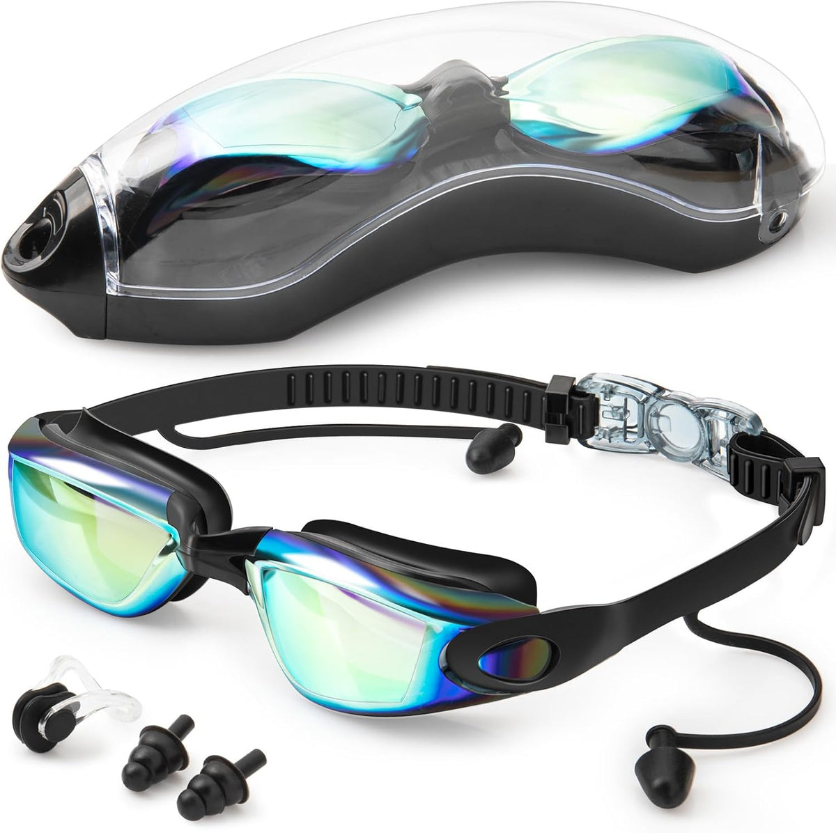 Swim Goggles,Swimming Goggles No Leaking Anti Fog UV Full Protection with Nose Clip Earplugs,Swim Pool Goggles for Adult Men Women Youth