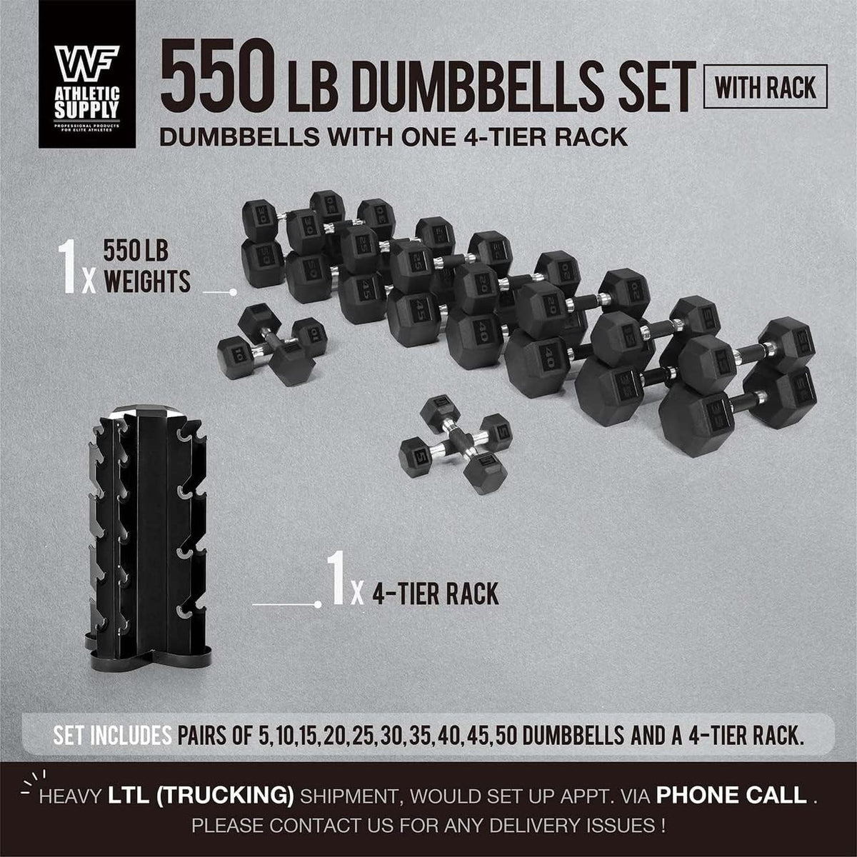 WF Athletic Supply Rubber Encased Hex Dumbbells with Rubber Grip Contoured Handle for Muscle Toning, Strength Building & Full Body Workout