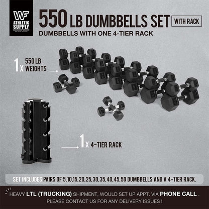 WF Athletic Supply Rubber Encased Hex Dumbbells with Rubber Grip Contoured Handle for Muscle Toning, Strength Building & Full Body Workout