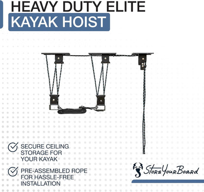 Teal Triangle Heavy Duty Elite Kayak Hoist, Easy-Lift Garage Pulley System, Holds 150 lbs, Fits 12-Foot+ Ceilings, Patented No-Slip Strap, No Setup Required