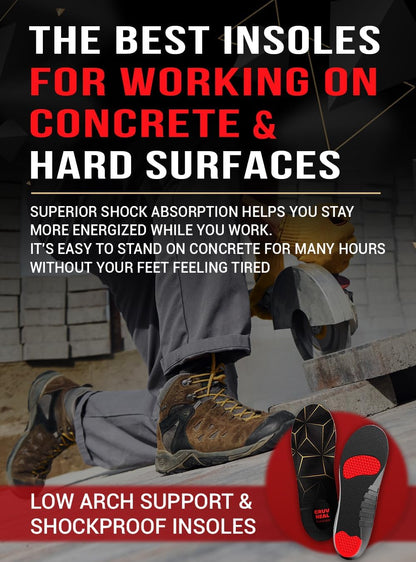 Work Pro Comfort Insoles - Shock Absorption - Low Arch - Cushioning Anti Fatigue Shoe Insert Men Women - Non-Slip - Soft Comfortable Work Boot Insoles - Foot Pain Relief (L, Black)