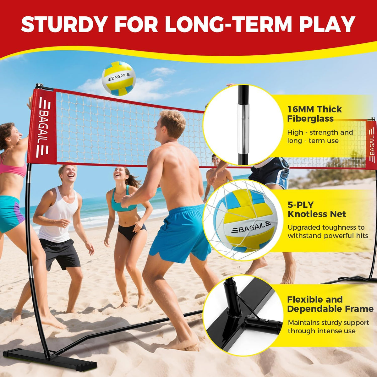 BAGAIL Volleyball Net, 12ft/20ft Portable Volleyball Net for Backyard - Adjustable Height, Heavy-Duty Frame, Freestanding Design - Portable Outdoor/Indoor Volleyball Set with Carry Bag