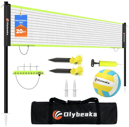 20FT Outdoor Volleyball Net Set System for Backyard Beach with Anti-Sagging Net, Iron Adjustable Height Poles, Soft PU Volleyball and Pump, Carry Bag - Instant Set Up & Durable