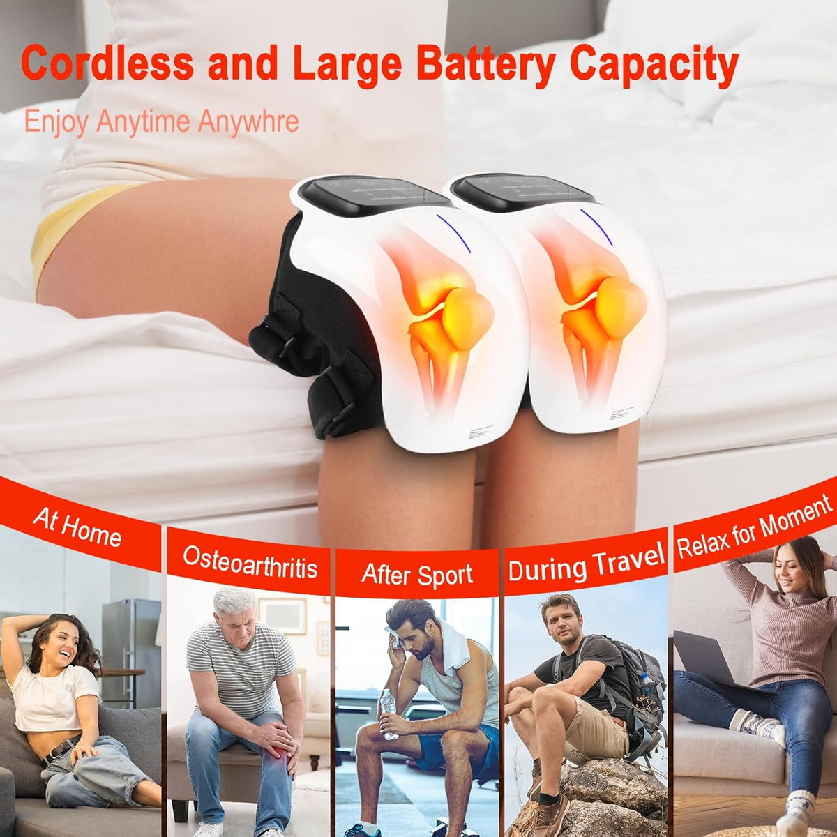 3-in-1 Cordless Knee Massager w/Heat, Red Light & Massage for Knee Pain, Infrared Heat & Vibration, Portable Wireless Knee Heating Pad w/LED Screen for Family and Friends
