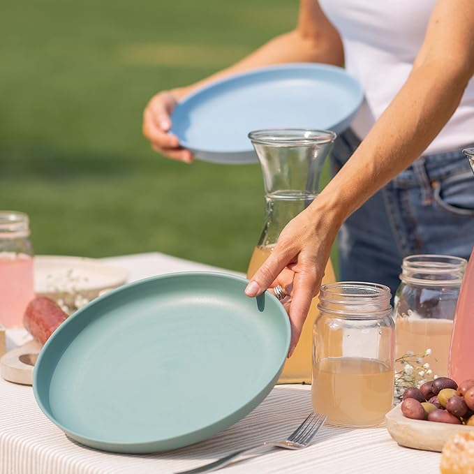 Grow Forward Premium Wheat Straw Plates and Bowls Sets - 8-Piece Wheat Straw Dinnerware Sets - Unbreakable & Reusable Microwave Safe Plastic Dinner Plates for Outdoors, RV, Camping Dishes - Oasis