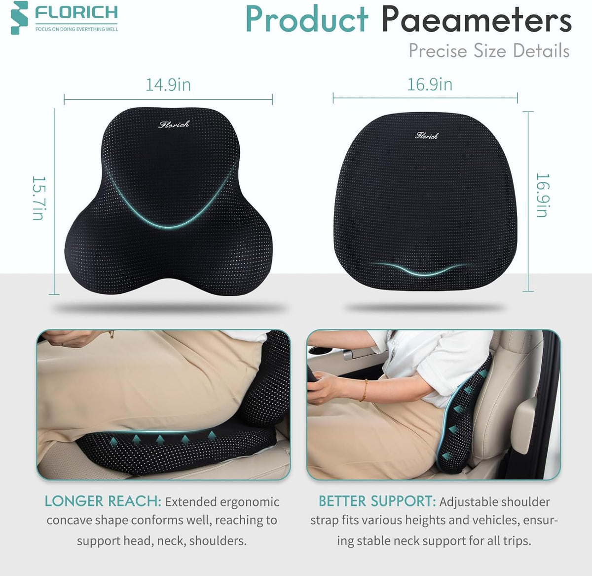 FLORICH Car Seat Cushion and Lumbar Support Pillow for Office Chair Car, Ergonomic Memory Foam, Relieves Back Sciatica Pain, Pressure-Relieving Back Support for Car, Office Chair & Wheelchair – Black