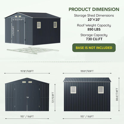 10x10 FT Outdoor Metal Storage Shed, Double Swing Doors, 2 Clear Windows,Tool Shed for Garden, Patio, Backyard