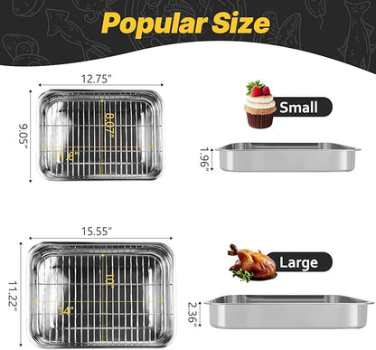 2 Pcs 12.7"15.5" Stainless Steel Roasting Pans with Handles, Baking Pan for Oven with 2 Pcs Flat Racks, Heavy Duty, Dishwasher Safe Rectangular Lasagna Pan with Handles for Turkey Chicken, Silver