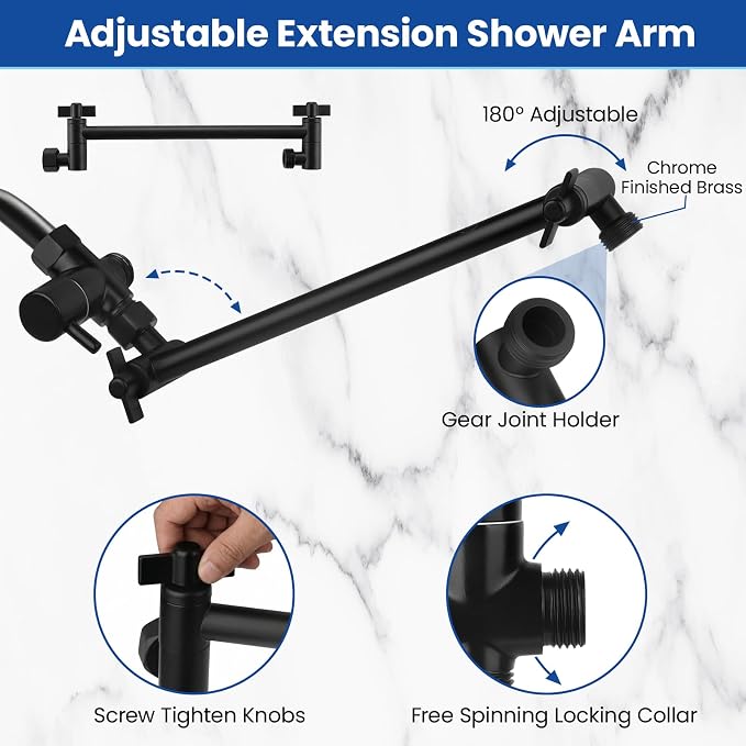 Shower Head, 12‘’ High Pressure Rainfall/Handheld Shower Combo with 11'' Extension Arm, 9 Settings, Anti-leak Shower Head with Holder, Height/Angle Adjustable, Matte Black