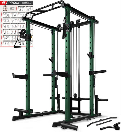 RitFit Multi-Function Squat Rack Power Cage PPC03 with Cable Crossover System, 1000LBS Capacity Power Rack and Packages with Optional Weight Bench, Barbell Weight Set, for Garage Workout & Home Gym