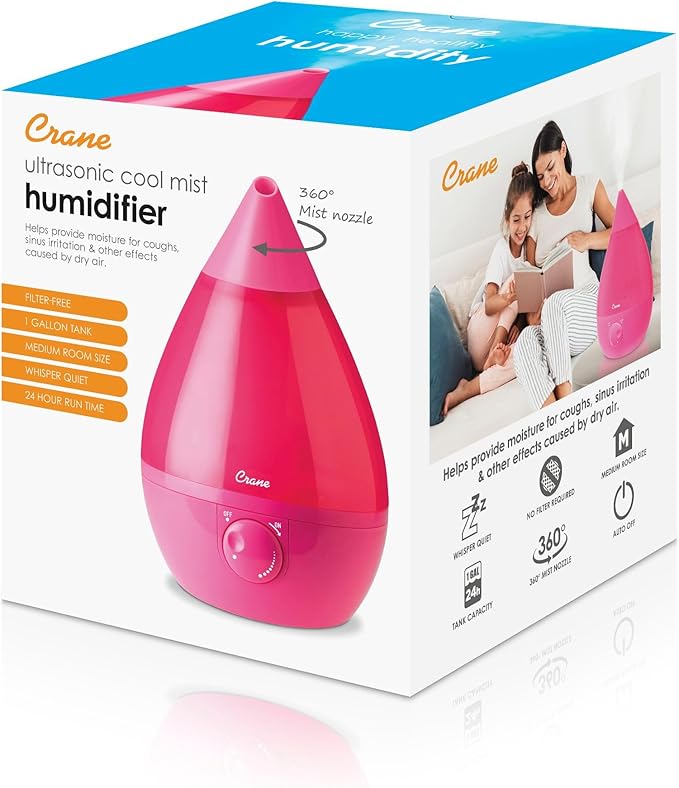 Crane Ultrasonic Humidifiers for Bedroom and Office, 1 Gallon Cool Mist Air Humidifier for Large Room and Home, Humidifier Filters Optional, Pink