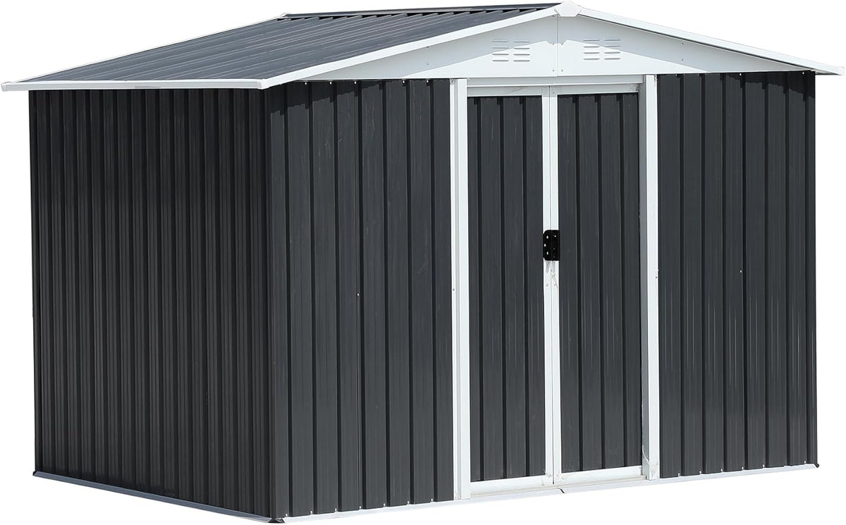 6x8 FT Outdoor Storage Shed, Metal Garden Shed with Lockable Sliding Doors, Outside Tool Shed with Sloped Roof & 4 Air Vents, Waterproof Storage Building for Backyard, Patio, Lawn, Gray