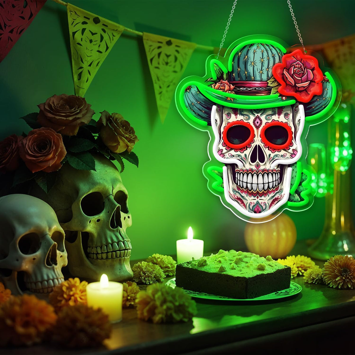 Day of the Dead Neon Sign - Mexican Sugar Skull LED Neon Light for Home & Bar Decor,UV Printed Art with Flexible LED Strip,Halloween & Día de Muertos Party Decoration（green)