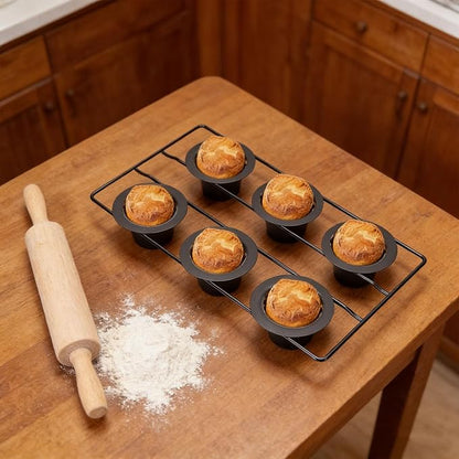 VBESTLIFE 6 Cup Popover Pan, Non Stick Carbon Steel Bakeware for Muffins and Popovers, with Wire Rack for Even Baking and Easy Cleanup