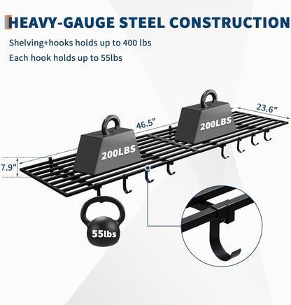 2 Pack Heavy Duty Garage Wall Shelves, 2x4ft Wall Mount Storage Shelf with Hooks, Shelf Warehouse Organization System, Rack Shelving, Holds 200 Lbs Each for Shop, Garage Storage