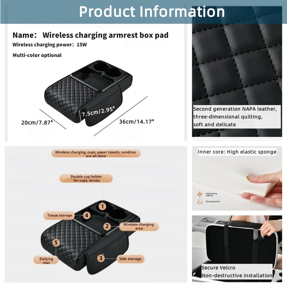Upgrade Arm Rest Cover for Car, 5-in-1 Middle Console Cover Cushion Pad with Cup Holders & Side Pockets, Center Armrest Storage Box, Black